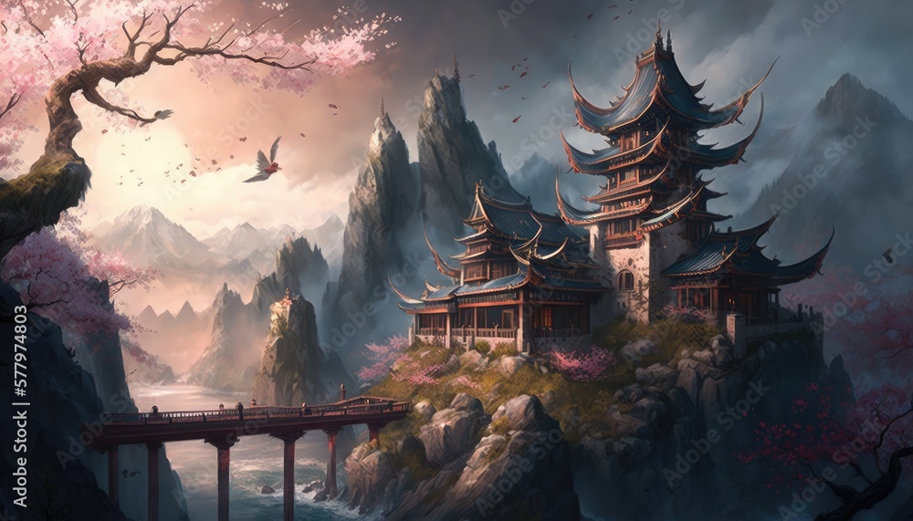 Obraz premium Mountaintop Palace of the Orient. Generative AI