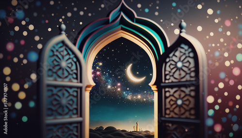 Ramadan kareem islamic greetings background with mosque gate