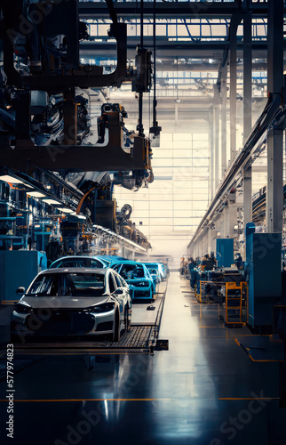 a car assembly factory in a wide hall . car industry. Ai generative