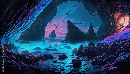 Enchanted Coastline  A Mystic Fluorescent Fantasy. Generative AI