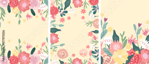 Bright compositions of cards with colored flowers, green leaves, hearts, etc. Ideal for greeting cards, cards, banners, posters. Vector graphics.