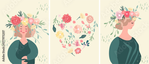 Bright women in a wreath of colored flowers and leaves, floral heart. The concept of happiness, joy, holiday. Ideal for greeting cards, cards, banners, posters. Vector graphics