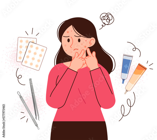 A woman with acne. Face trouble, skin care concept person illustration.