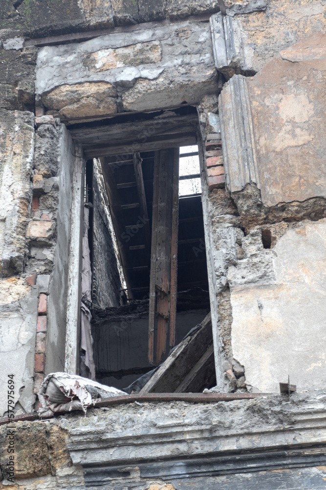 Old destroyed houses. War, destruction, restructuring. abandoned