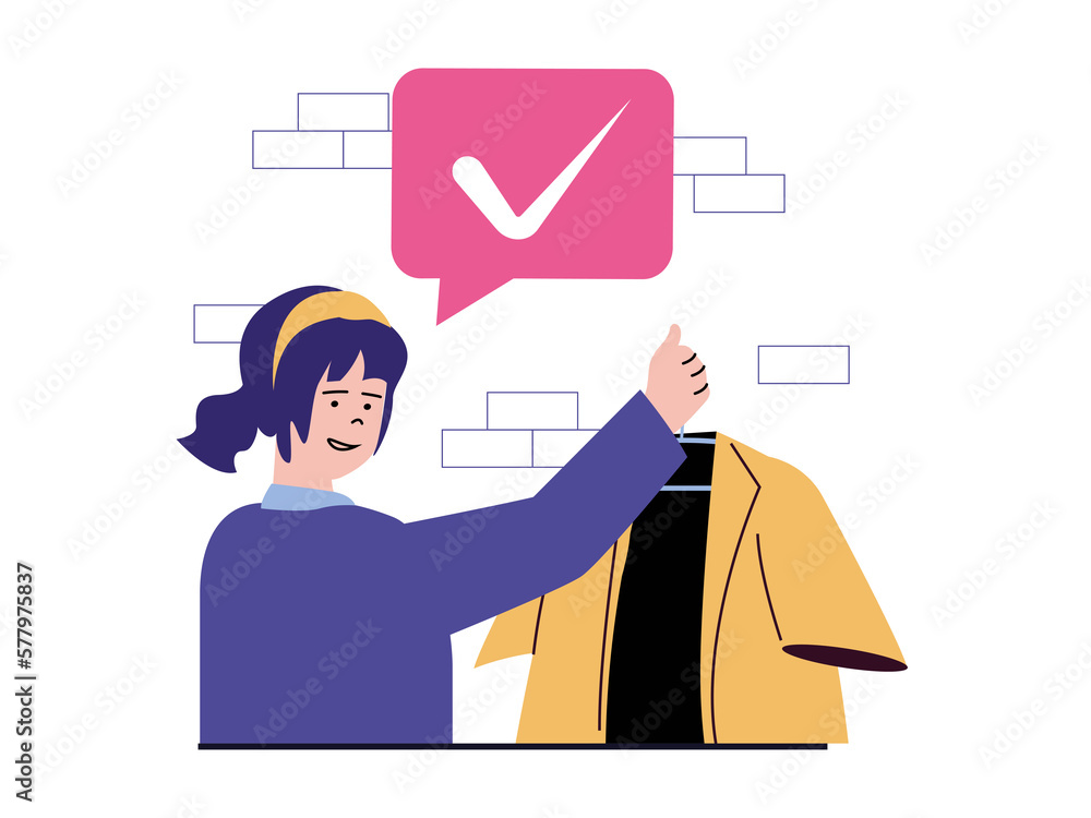 Shopping concept with character situation. Happy woman chooses new clothes in store or boutique, makes purchases and paying for goods. Illustrations with people scene in flat design for web Shopping concept with character situation. Happy woman chooses new clothes in store or boutique, makes purchases and paying for goods. Illustrations with people scene in flat design for web
