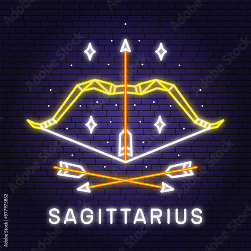 Zodiac astrology horoscope neon sign sagittarius linear design. Vector illustration. Elegant line art symbol or icon of sagittarius esoteric zodiacal horoscope templates promotion for logo or poster