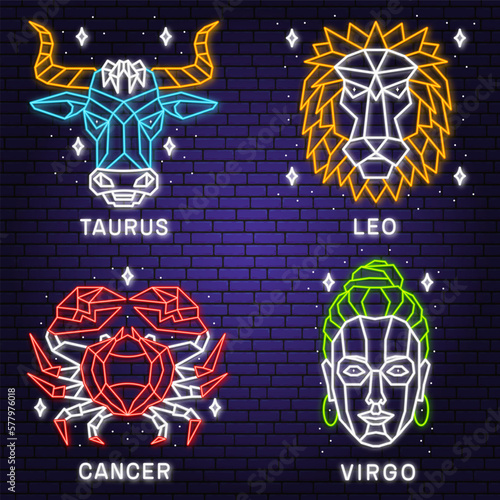 Set of zodiac astrology horoscope neon sign leo, virgo, cancer linear design. Vector illustration. Elegant line art symbol or icon of leo, virgo, cancer, taurus esoteric zodiacal horoscope templates