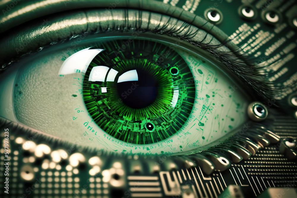 Green eye on a circuit board with a microchip. It is the basis of eye scanner technology. The concept of secure identification. AI generated illustration.