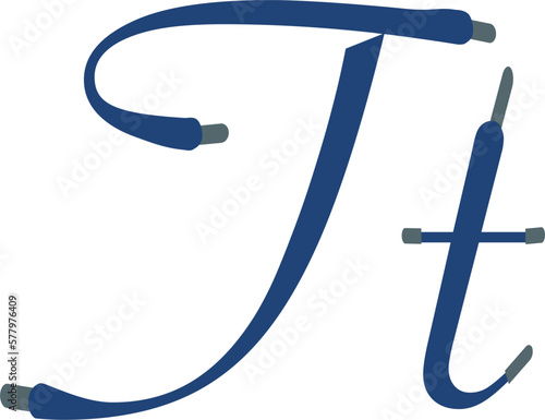 T letter. Blue Sport alphabet formed by shoe lace. Vector handwritten script font can be used for workout labels, race headlines, fitness posters, delivery cards. Alphabet fonts set.