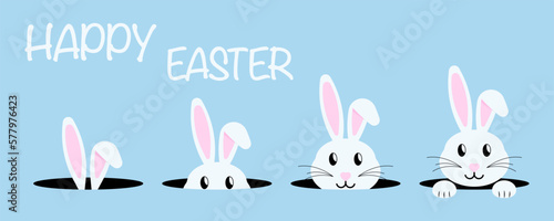 White easter rabbit on blue background. Happy Easter bunny. Fun rabbit hiding in a hole. Vector illustration.