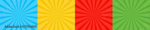 Set of abstract explosion effect. Blue, yellow, red and green sunburst or sunlight. Retro burst rays.
