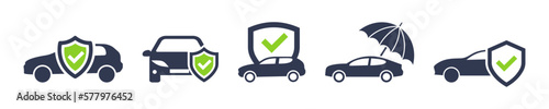Set of car insurance vector icons. Protected car. Auto with shield. Vector 10 Eps.