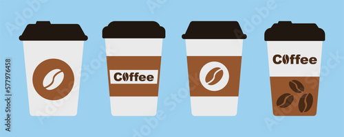 Set of paper coffee cup flat vector icons. Hot drink. Cup with plastic lid. Vector 10 Eps.