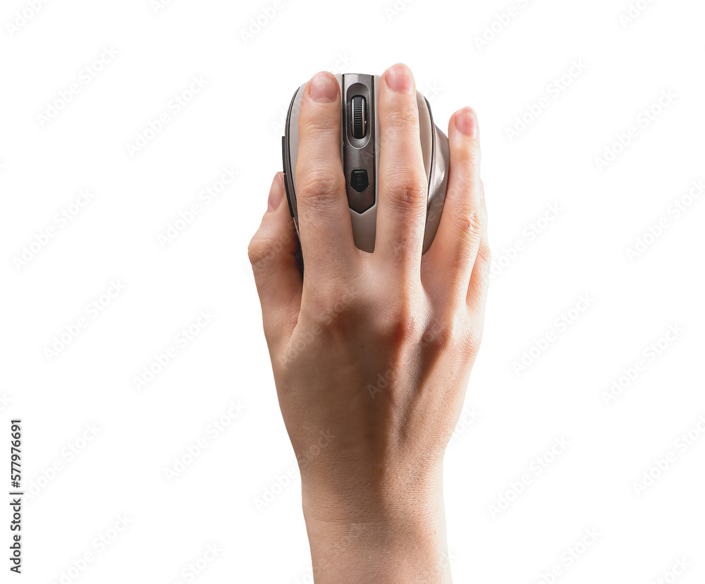 Fototapeta premium Hand on computer mouse isolated on white background, top above view