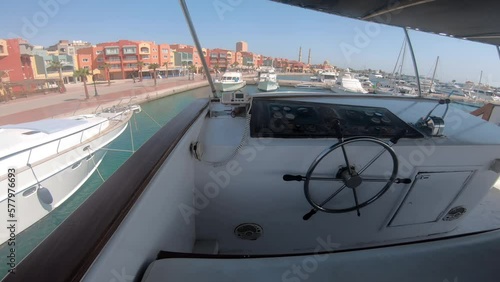 Pov panoramic view of Hurgada Marina Bay from luxury yacht, Egypt. Hurghada is popular summer vacation destionation on Red sea photo