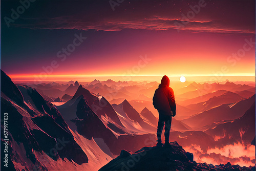 A Person Standing on A Mountain Looking at the Distance where one can see the sun created with Generative AI © Wizart