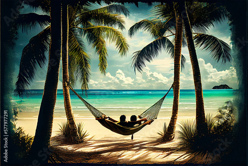 2 people on the beach in a hammock on a tropical island with the beautiful sea in front of them, a clear blue sky with some fluffy clouds and the sun shinning, generative ai