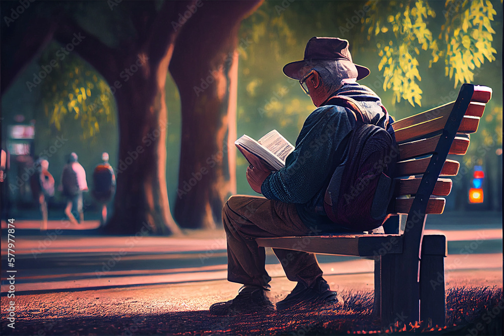 Illustration of a man sitting on a bench and reading a book in the park created with generative ai - obrazy, fototapety, plakaty 