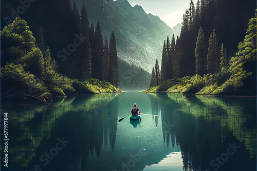 Illustration of a person in a kayak on a beatiful lake in a breathtaking landscape created with generative ai