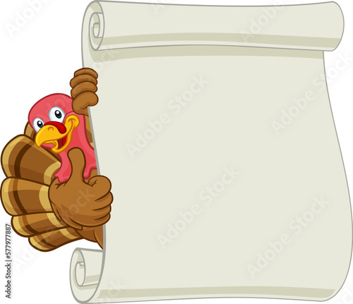 A turkey bird cartoon Thanksgiving or Christmas character with a scroll sign background illustration