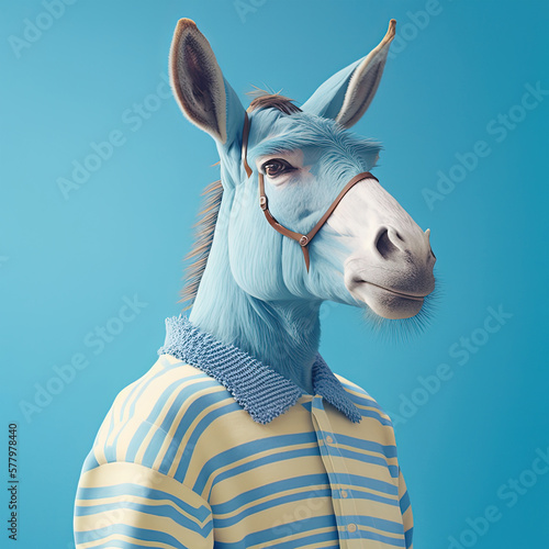 Tableau sur toile Fashion donkey in shirt. Blue monochrome portrait. Generative AI