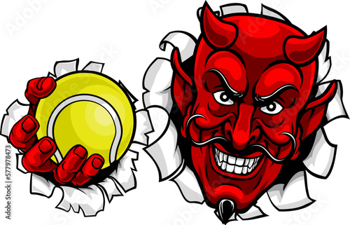 A devil or satan tennis sports mascot cartoon character holding a ball