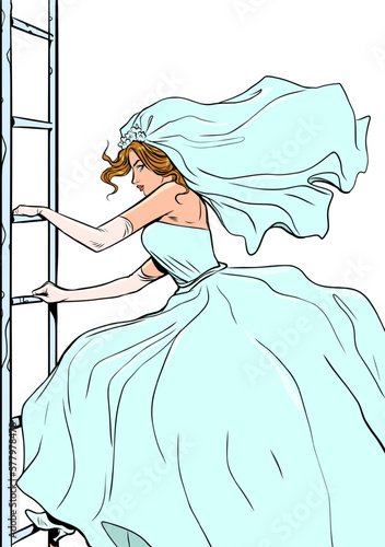 Escape from prejudice. The desire to move forward in self-development. The bride goes up or down the stairs. Pop Art Retro