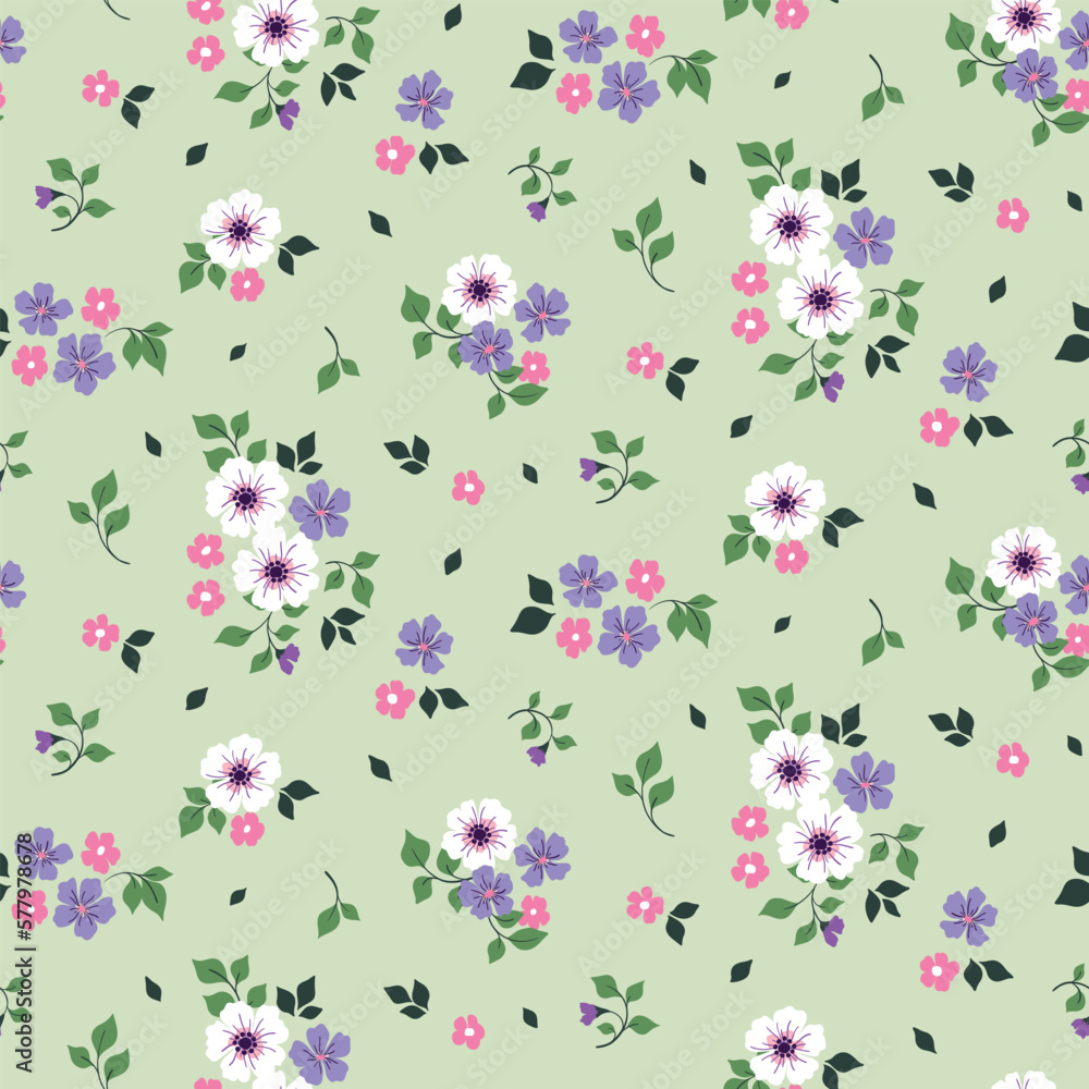 Seamless floral pattern, delicate rustic style ditsy print with spring botany. Cute botanical design with small hand drawn flowers, leaves in bouquets on a light green background. Vector illustration.