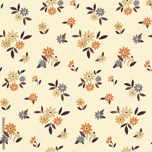 Seamless floral pattern, cute ditsy print with mini plants with vintage rustic motif. Delicate botanical design with small hand drawn flowers, tiny leaves on a light background. Vector illustration.