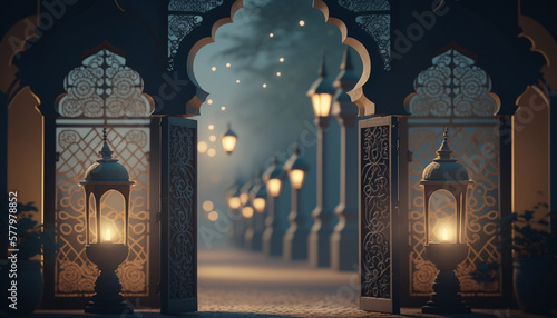 Canvastavla Islamic ramadan greetings background design with ornamental door galaxy sky