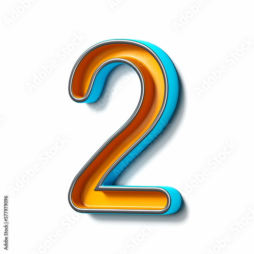 Orange blue thin metal font Number 2 TWO 3D