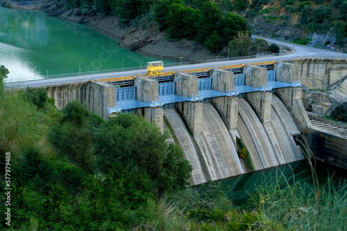 dam on river, Reservoir Condo del Guadalore, hydroelectric power plant, source using energy water stream, natural mountain resort El Chorro gorge, mountains andalusia, concept ecology, clean energy
