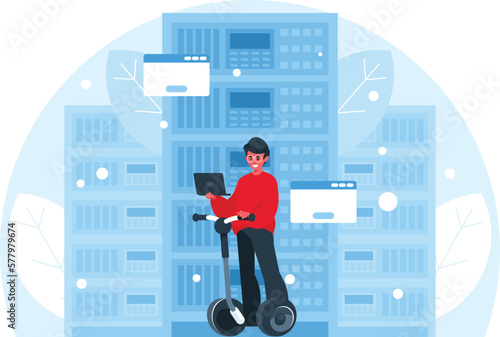 Server administration concept. Big data. Data science concept. The programmer rides on a gyro scooter holding a laptop in his hand. Male student on a gyroboard. Vector graphics