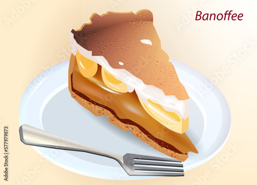 A slice of banoffee pie is a traditional English dessert with butterscotch bananas and a layer of whipped cream