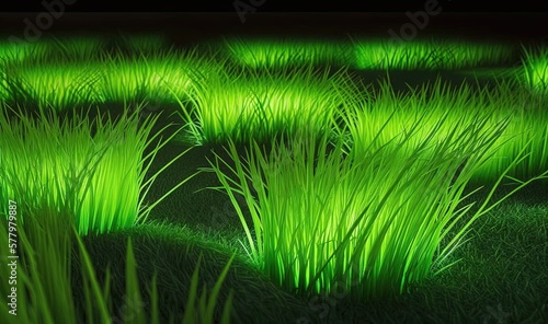  a field of green grass lit up with green light at night.  generative ai