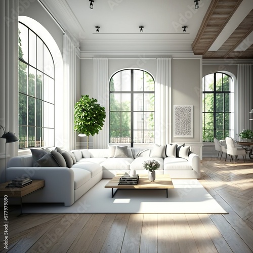 Architectural photography of a modern livingroom. Modern style interior design idea. Generative AI © Matyfiz