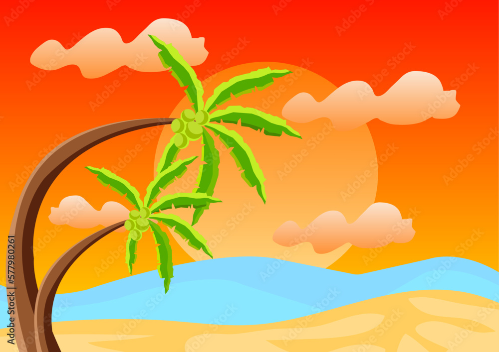 tropical beach landscape with a big coconut tree
