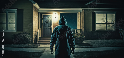 Fotografiet A burglar at night trying to break into a suburban home