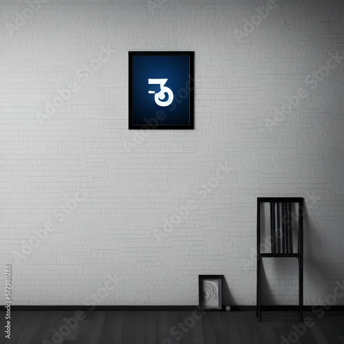 blank frame on dark blue wall mock up, vertical black poster frame on wall, mock up for picture or photo frame, empty frame on bright wall, 3d render - generative ai