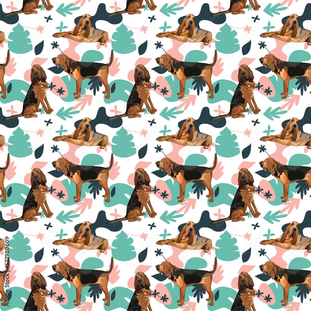 © Natalia - Bloodhound dog wallpaper with leaves, palms, flowers, plants. Pastel green, pink, navy. Holiday abstract natural shapes. Seamless floral background with dogs, repeatable pattern. Birthday wallpaper.