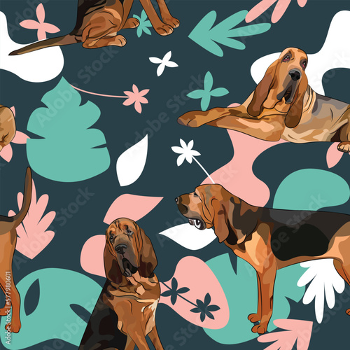 Bloodhound dog wallpaper with leaves, palms, flowers, plants. Pastel green, pink, navy. Holiday abstract natural shapes. Seamless floral background with dogs, repeatable pattern. Birthday wallpaper. 