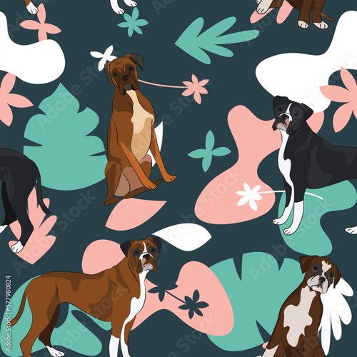 Boxer dog wallpaper with leaves, palms, flowers, plants. Pastel green, pink, navy. Holiday abstract natural shapes. Seamless floral background with dogs, repeatable pattern. Birthday wallpaper. 