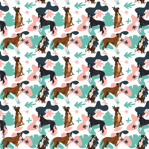 Boxer dog wallpaper with leaves, palms, flowers, plants. Pastel green, pink, navy. Holiday abstract natural shapes. Seamless floral background with dogs, repeatable pattern. Birthday wallpaper. 
