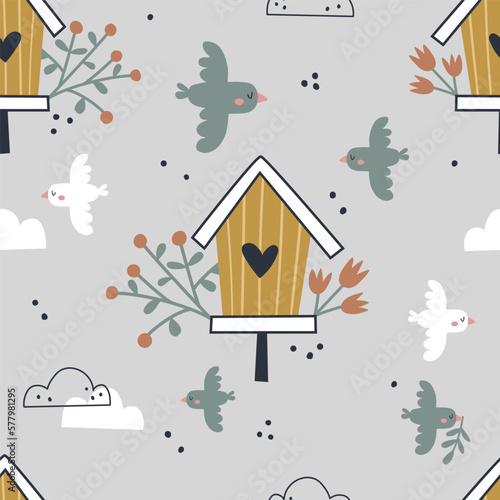 vector seamless pattern with birdhouse and birds