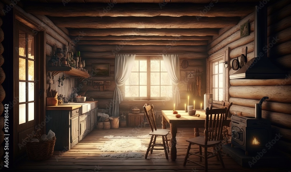 Fototapeta premium a room with a table and chairs and a stove in it. generative ai