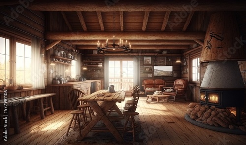 a rustic kitchen with a wood stove and a dining table. generative ai