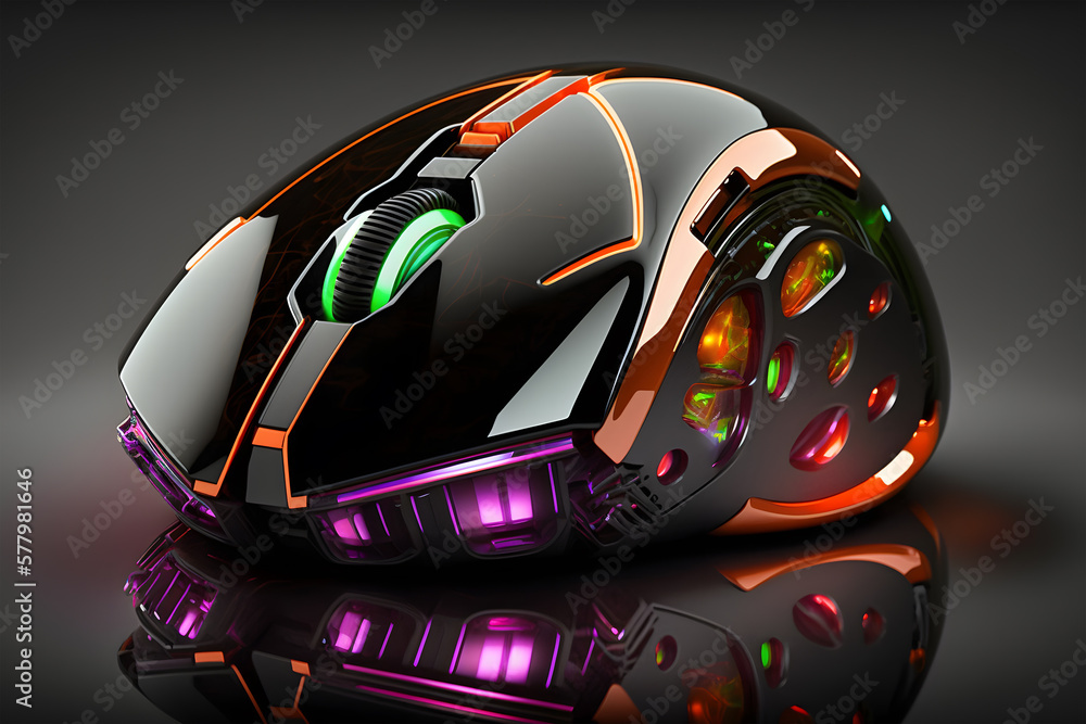 Fototapeta premium Black and orange gaming mouse on black background. 3D illustration. Generative AI technology