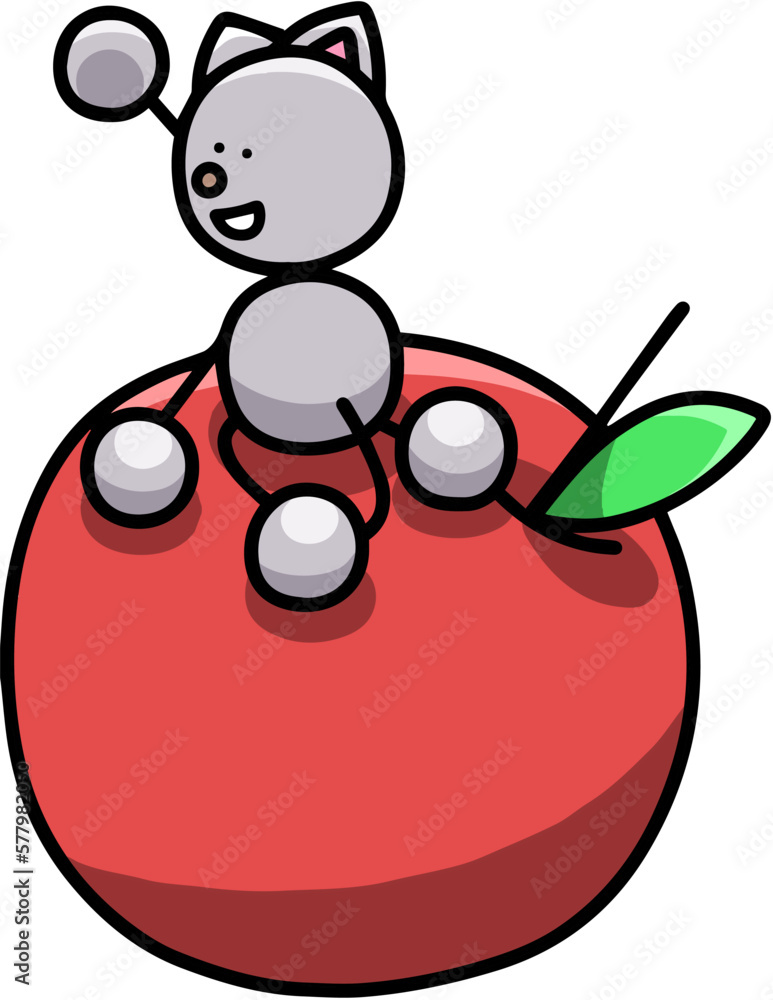 Naklejka premium りんごに座るにゃんまるのイラスト 猫