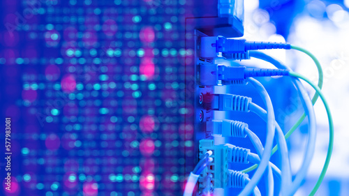 Network equipment. Wires connect equipment. Network hardware. Equipment for system administrator. Structured cabling systems. Network switch close up. Data storage and transmission. Server router