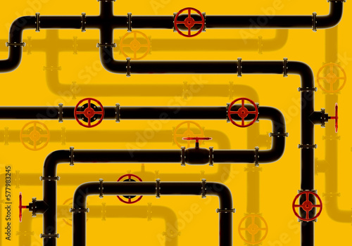 The background with pipes. Industrial texture. Pipeline as symbol of petrochemical business. Pattern with black pipes. Pipeline with pressure control valves. Background for industrial ads. 3d image